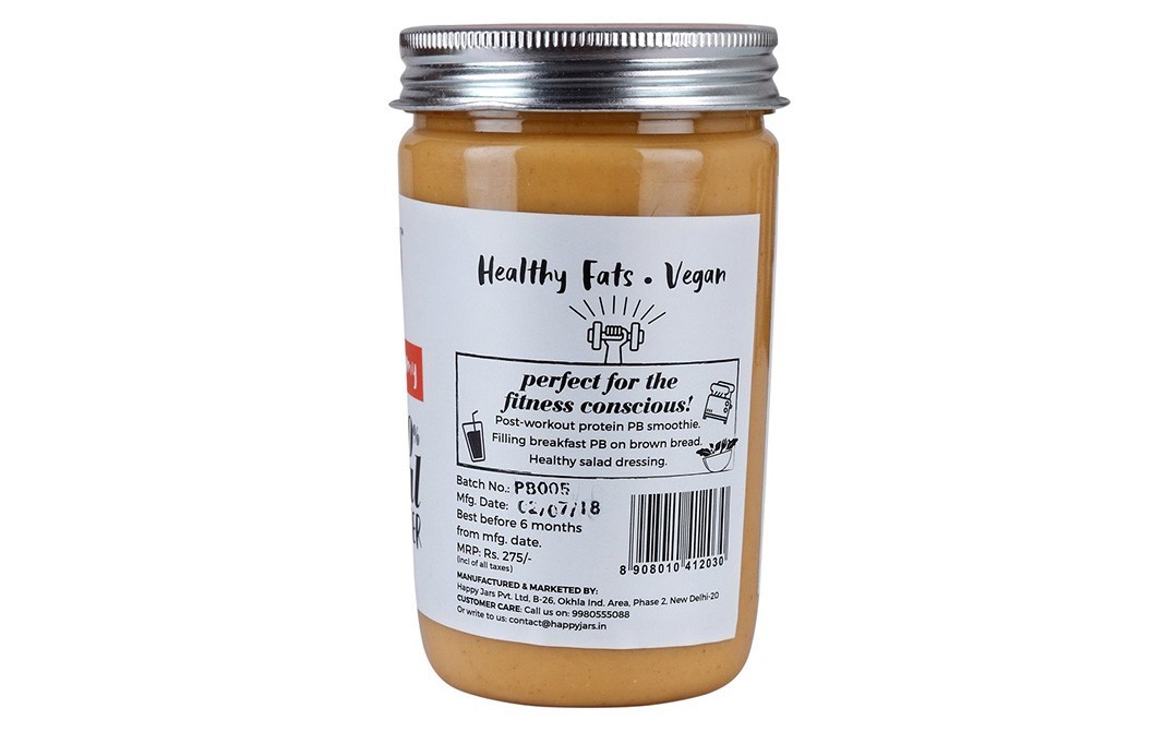 Happy Jars Unsweetwned Creamy 100% Natural Peanut Butter   Glass Jar  290 grams